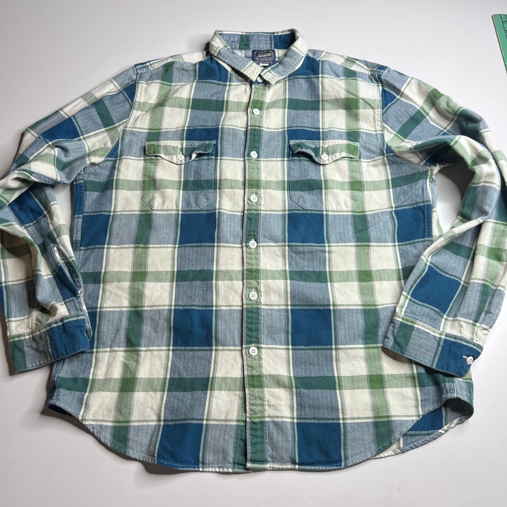 J. Crew Mens XL Flannel Shirt Blue Green Herringbone‎ Plaid Sportsmans Outfitter